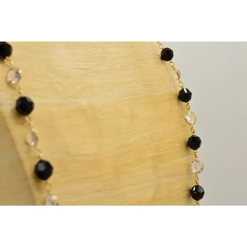 Austrian Crystal USA Vintage Necklace Open Bezel Clear Black Gold Signed 80s 9J